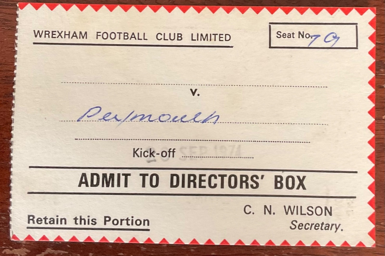Wrexham v Plymouth - Directors' Box ticket - Sept 1974 for sale on Ebay