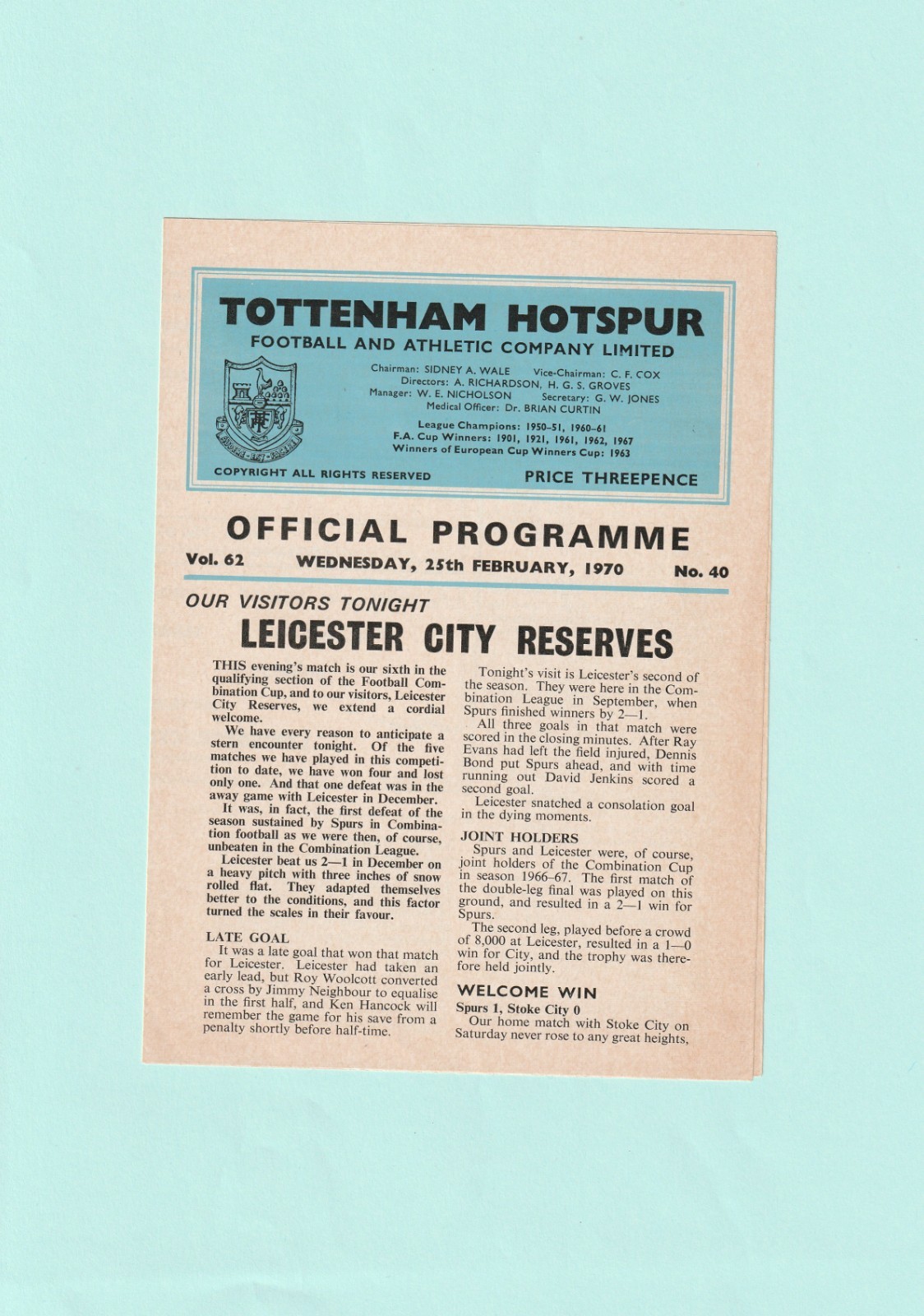 1969-1970 COMBINATION CUP : TOTTENHAM / SPURS v LEICESTER CITY RESERVES for sale on Ebay