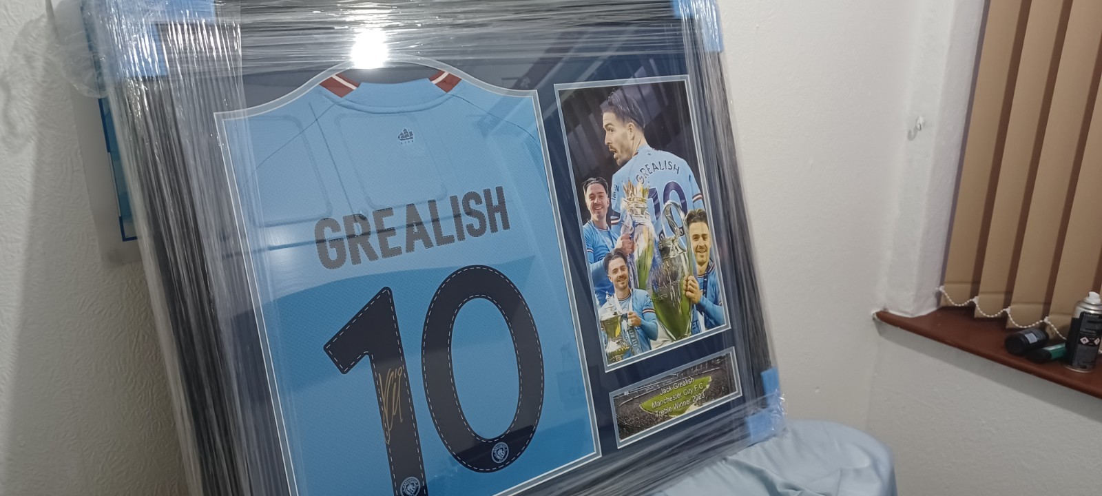 Framed Jack Grealish Signed Manchester City Shirt 2023 Treble [Classic] for sale on Ebay