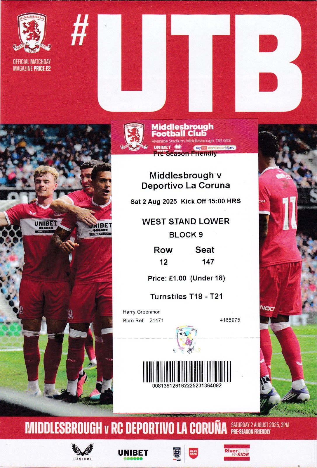 MIDDLESBROUGH v RC DEPORTIVO LA CORUNA  PROGRAMME & TICKET UK POST FREE for sale on Ebay
