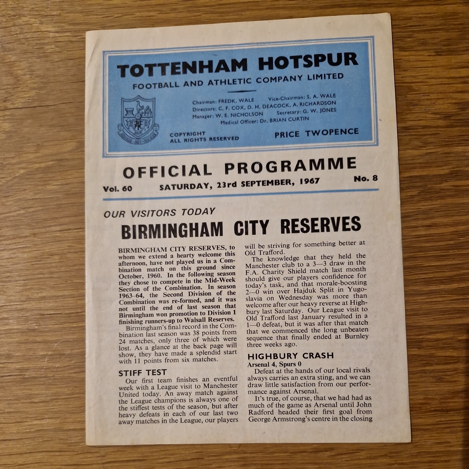 Tottenham / Spurs Reserves v Birmingham City Reserves 23-9-1967 for sale on Ebay