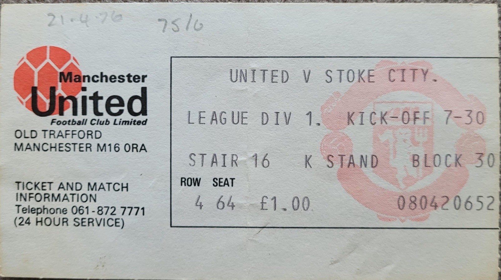 Manchester United V Stoke City 75-76 for sale on Ebay