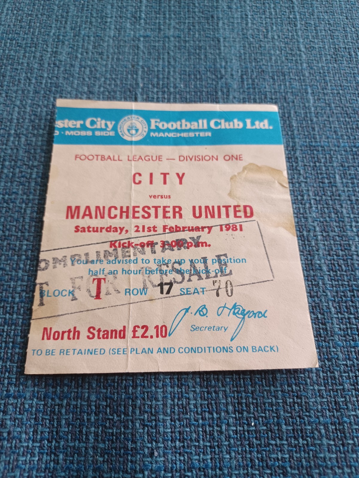 Manchester City V Manchester United 21/2/1981 Match Ticket for sale on Ebay
