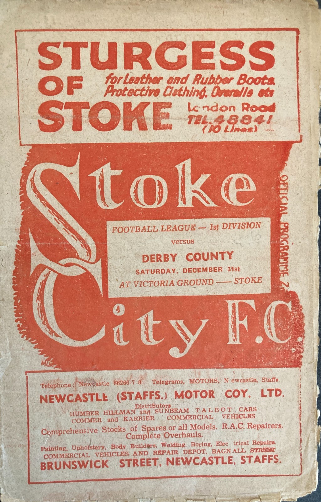 Stoke City v Derby County Div 1 1949/50 for sale on Ebay