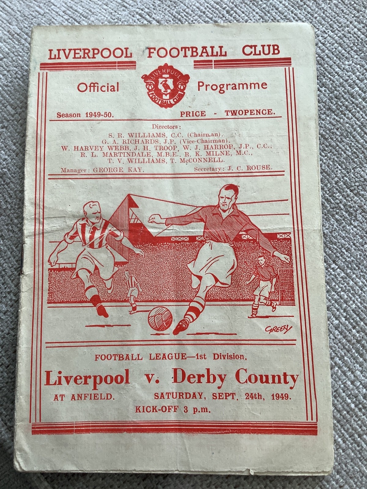 24 September 1949 Liverpool v Derby County for sale on Ebay