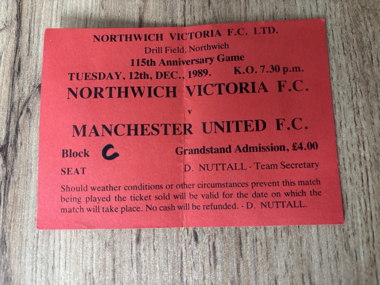 1989 NORTHWICH VICTORIA V MANCHESTER UNITED MAN UTD TICKET 115 ANNIVERSARY GAME for sale on Ebay