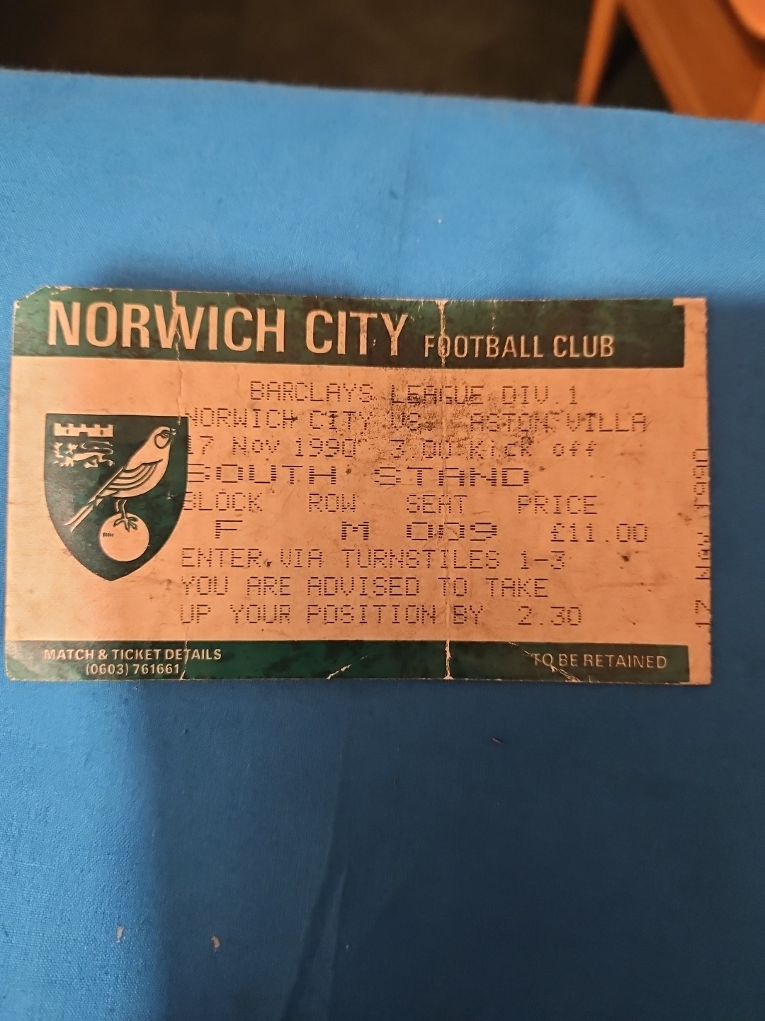 Norwich City V Aston Villa  17/11/1990 Ticket for sale on Ebay