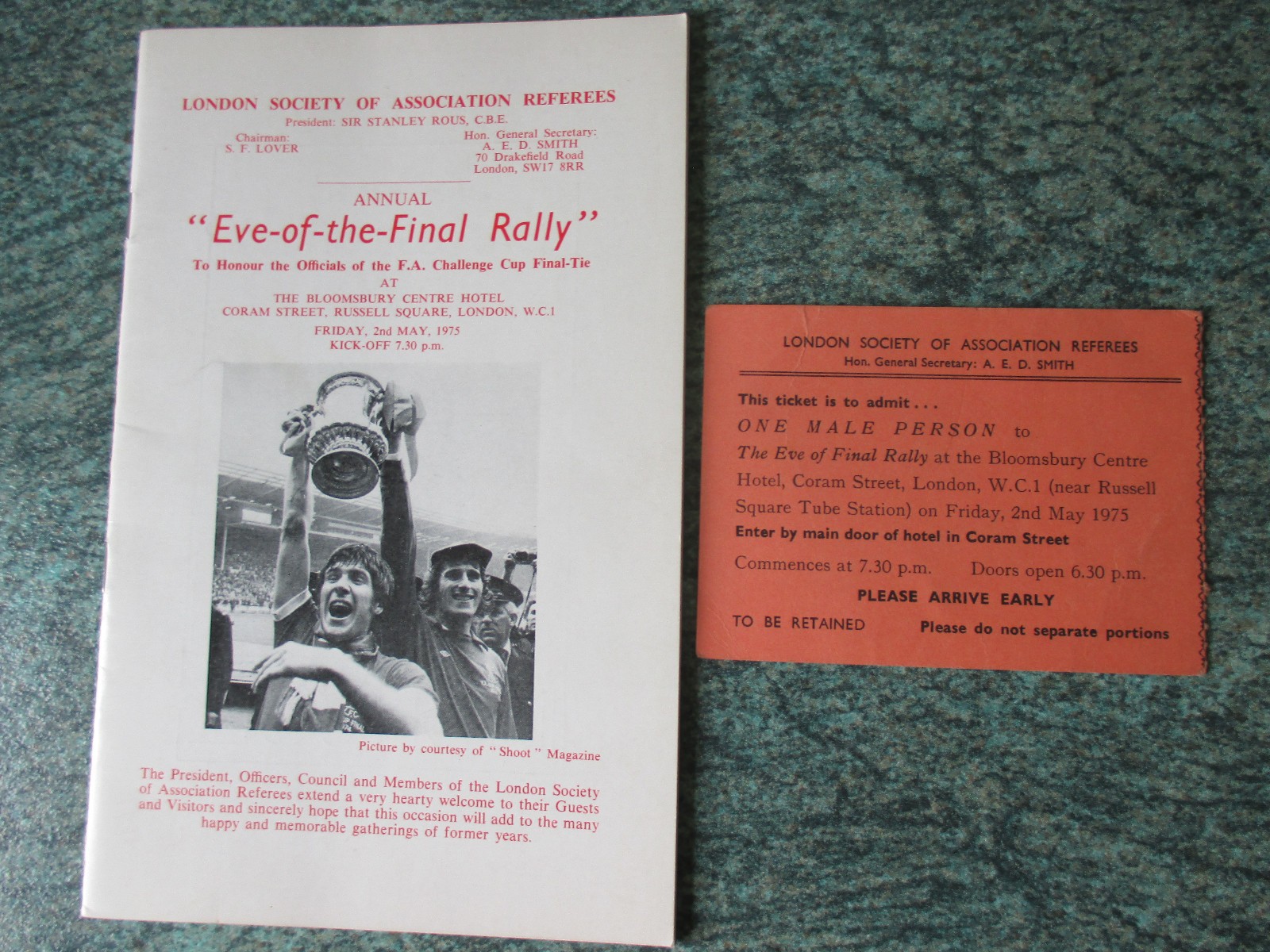 1975 FA CUP EVE OF THE FINAL RALLY REFEREES BROCHURE & TICKET WEST HAM V FULHAM for sale on Ebay