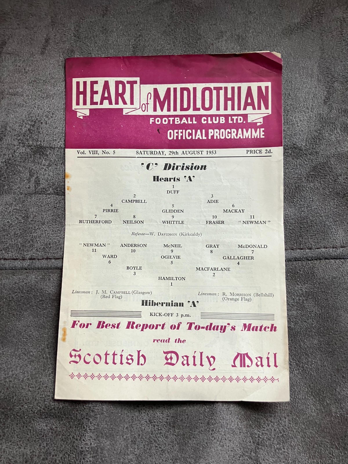 Hearts v Hibs 29th Aug 1953 Scottish League Div C (Reserves) for sale on Ebay