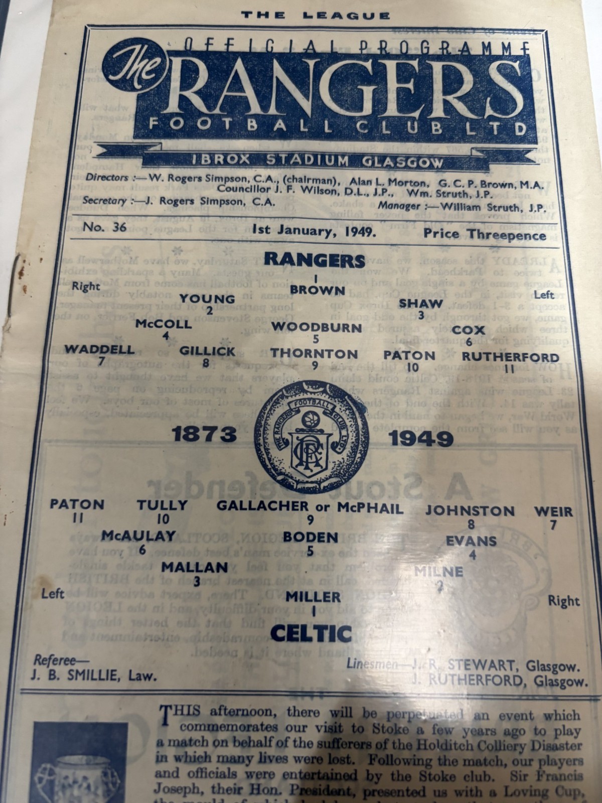 RANGERS v CELTIC Jan 1949 for sale on Ebay