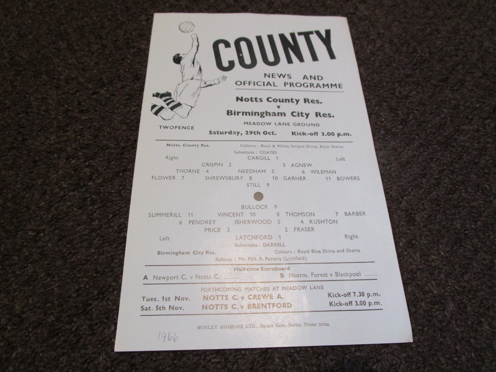 NOTTS COUNTY  reserves  v  BIRMINGHAM CITY   reserves  1966/7  OCTOBER 29th s/s for sale on Ebay