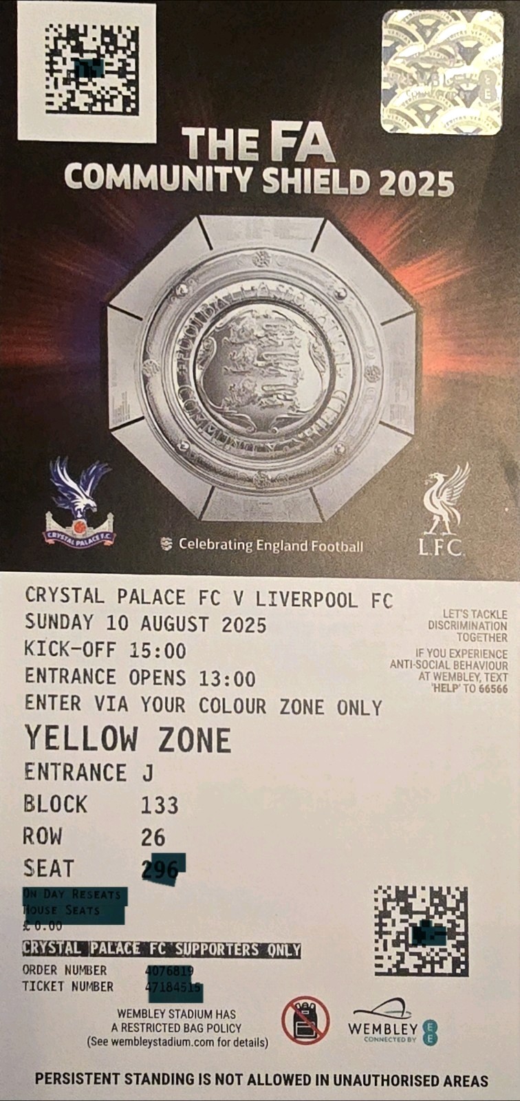 CRYSTAL PALACE V LIVERPOOL FA COMMUNITY SHIELD AT WEMBLEY 2025. MINT CONDITION. for sale on Ebay