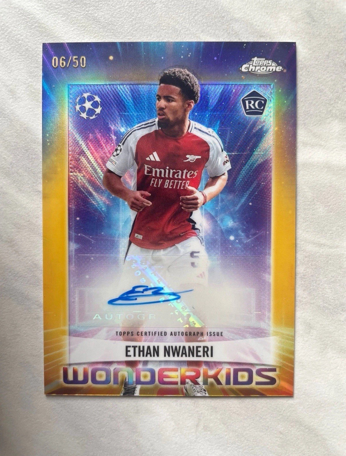 2024-25 Topps Chrome Ethan Nwaneri Wonderkids Auto Gold Rookie /50 Arsenal for sale on Ebay