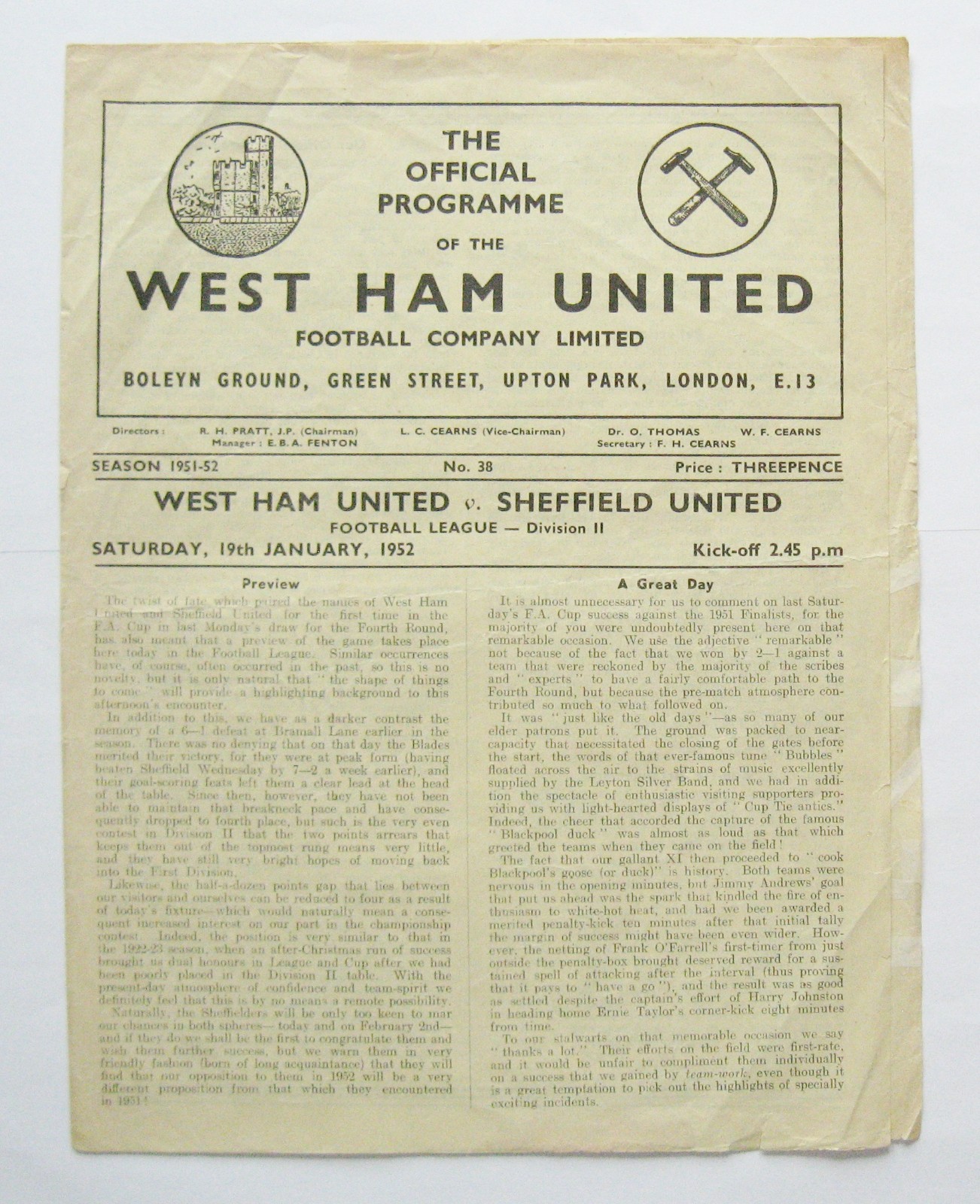 WEST HAM UNITED v SHEFFIELD UNITED 1951/1952 *Fair/Good Cond Football Programme* for sale on Ebay