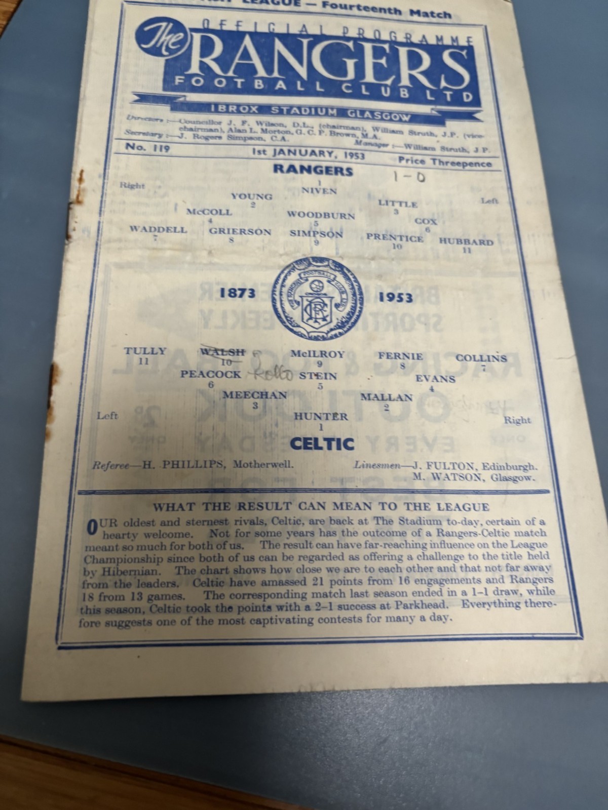 RANGERS v CELTIC Jan 1953 No. 119 for sale on Ebay