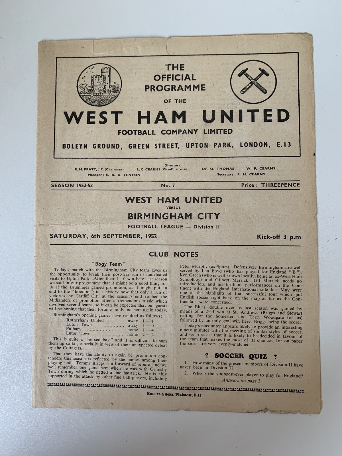 West Ham United v Birmingham City 1952-53 League Division Two 6th September 1952 for sale on Ebay