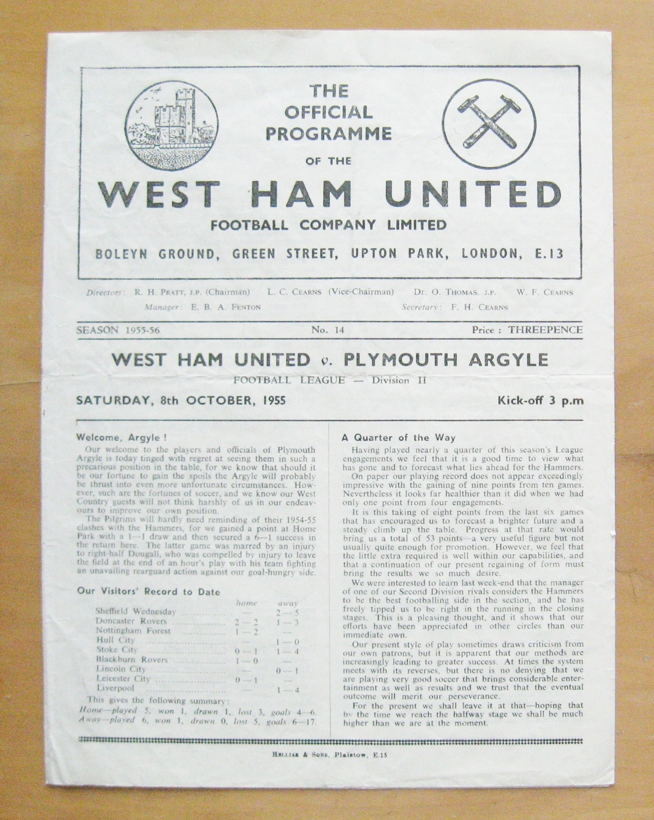 WEST HAM UNITED v PLYMOUTH ARGYLE 1955/1956 *Fair/Good Cond Football Programme* for sale on Ebay