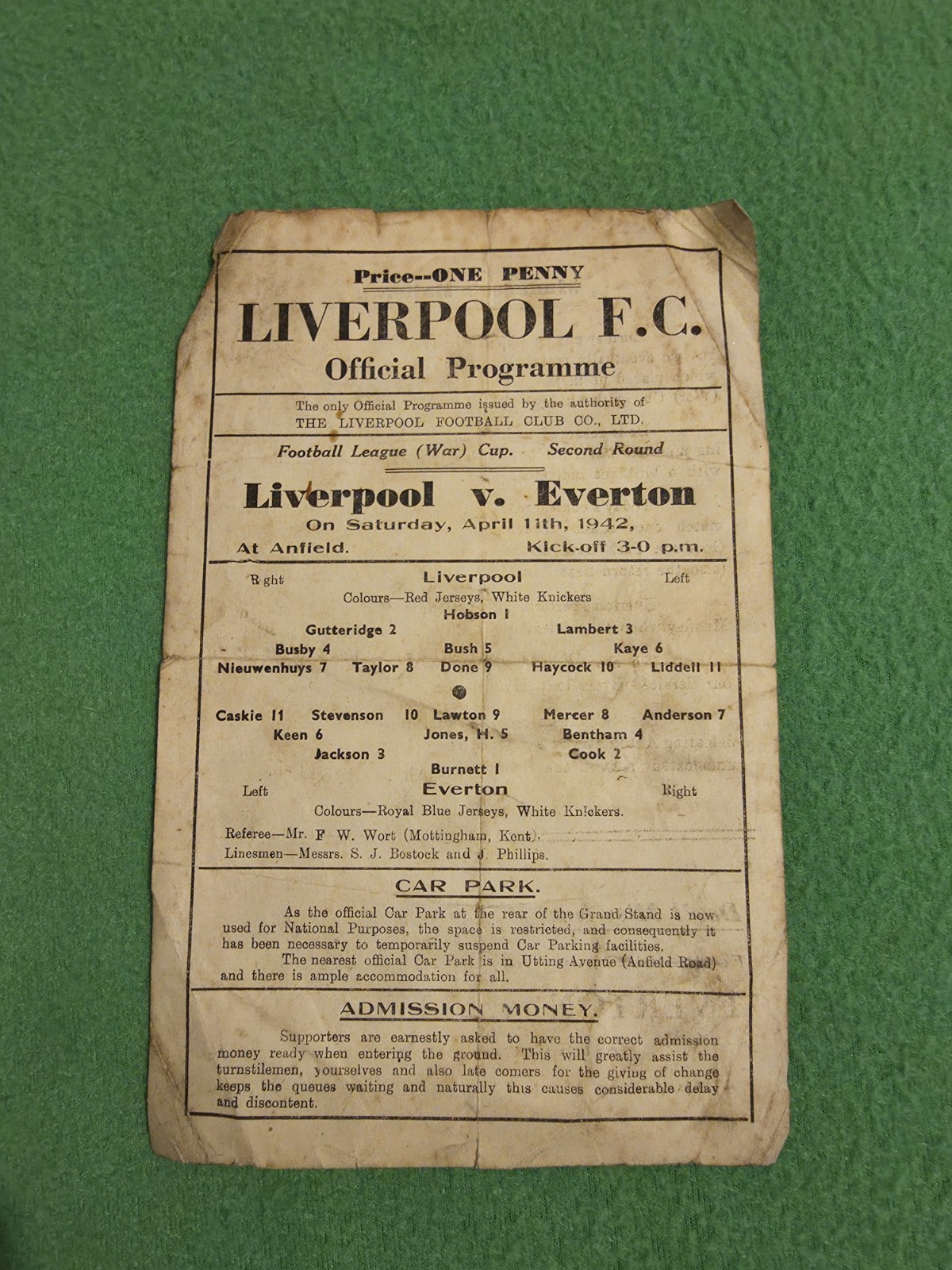 Rare Original Liverpool FC v Everton Official Programme War Cup April 11th 1942 for sale on Ebay