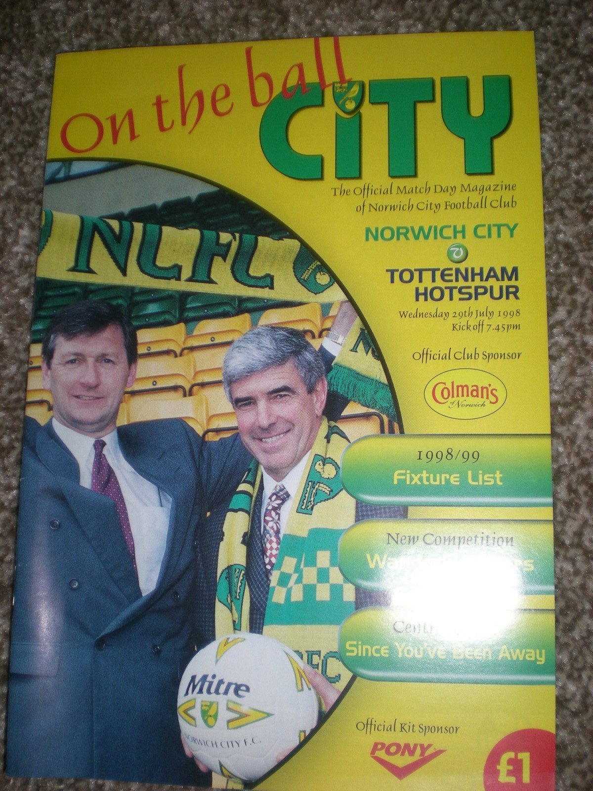 NORWICH CITY v TOTTENHAM HOTSPUR,  29th July 1998, Pre Season Friendly Programme for sale on Ebay