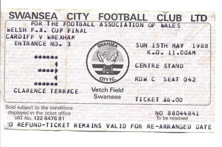 1988 CARDIFF CITY  v WREXHAM    Welsh Cup Final     Match Ticket for sale on Ebay