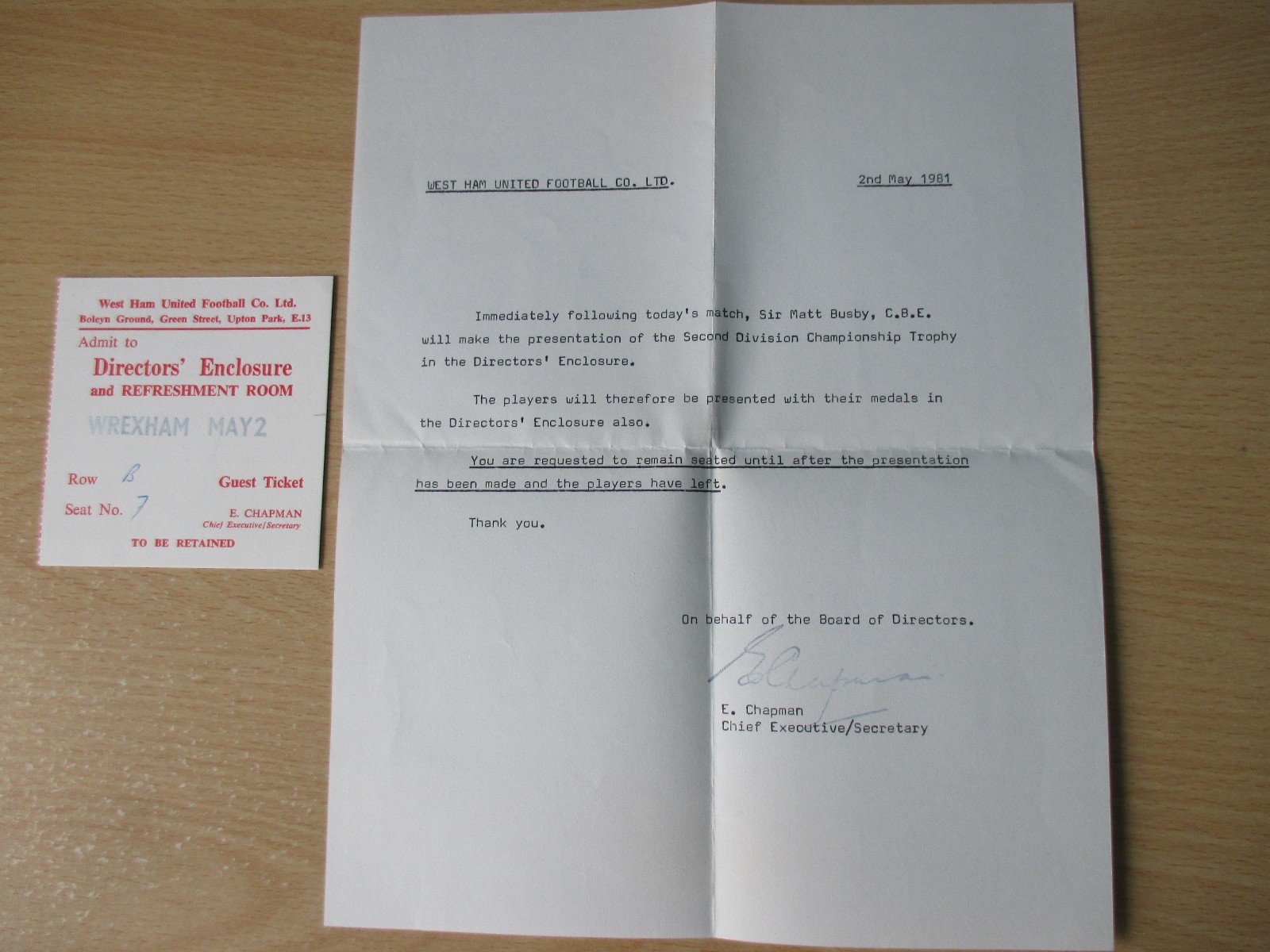 West Ham v Wrexham 1981 Div Two used Directors ticket & Hammers letter 1980/81 for sale on Ebay