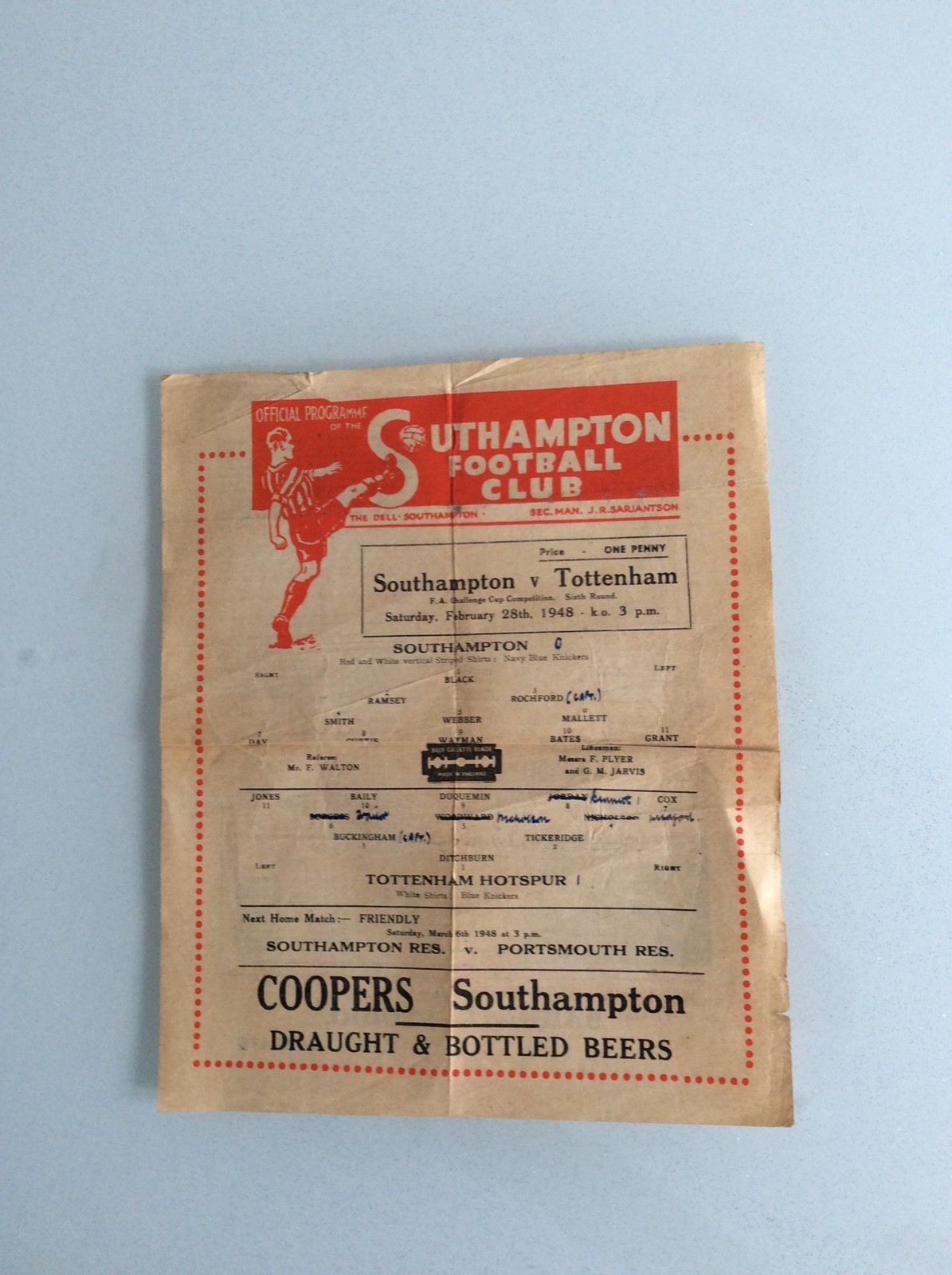 SOUTHAMPTON V TOTTENHAM HOTSPUR 28.02.1948 FA CUP GAME for sale on Ebay