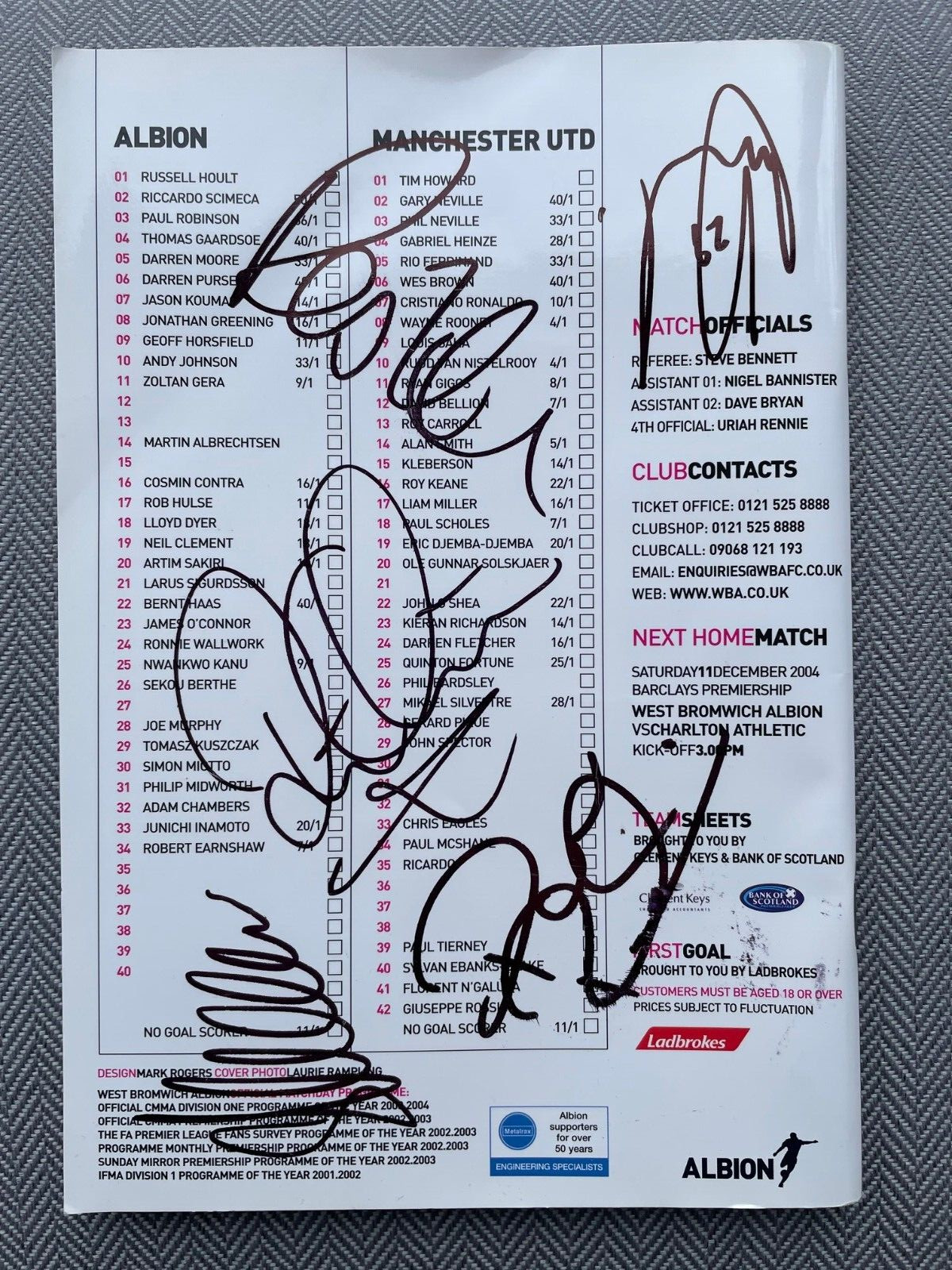 SIGNED 2004 West Bromwich Albion Manchester United Programme Kanu Hulse Kuszczak for sale on Ebay