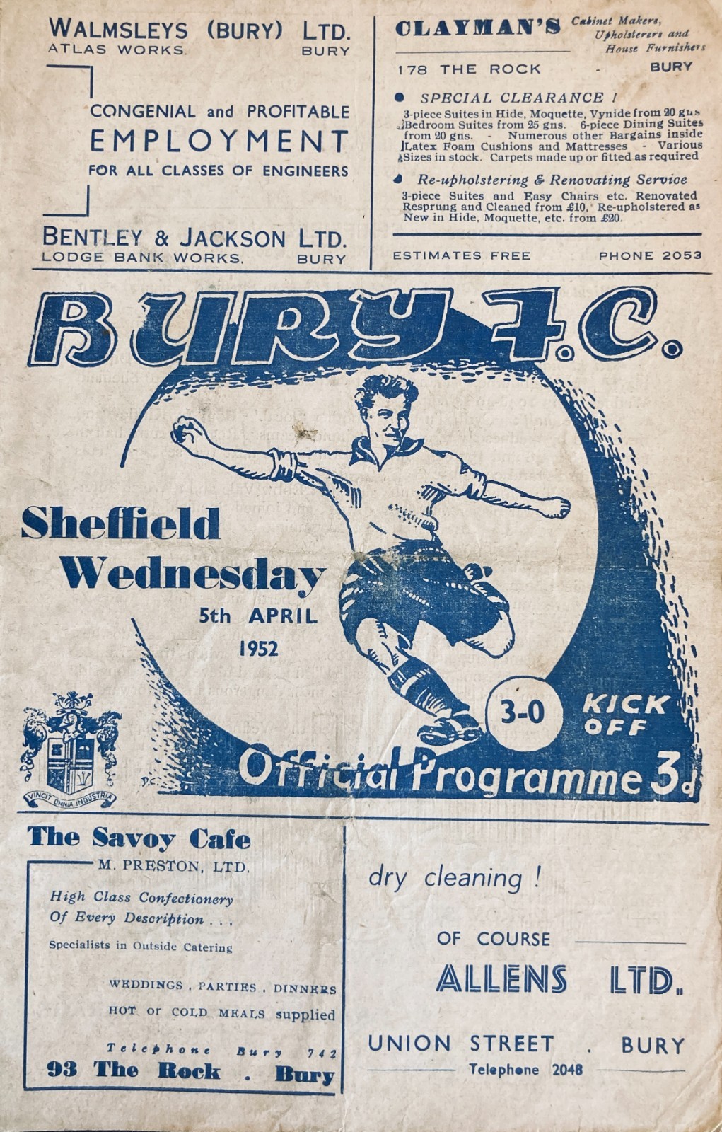 Bury v Sheffield Wednesday Div 2 1951/52 for sale on Ebay