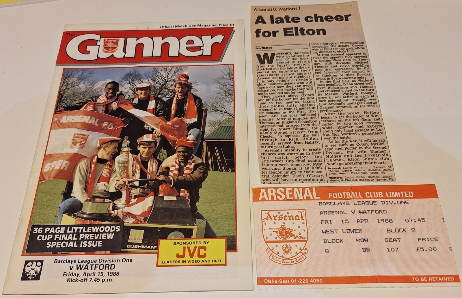 Arsenal v Watford Programme, Ticket And Report From The 1987/88 Season for sale on Ebay