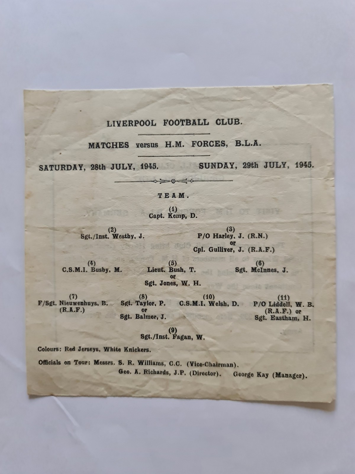 BLA & Army XI v Liverpool 1945 RARE for sale on Ebay