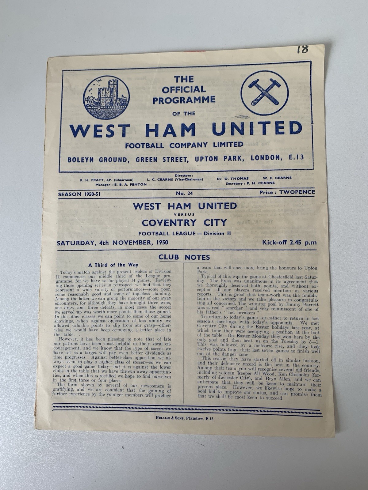 West Ham United v Coventry City 1950-51 League Division Two 4th November 1950. for sale on Ebay