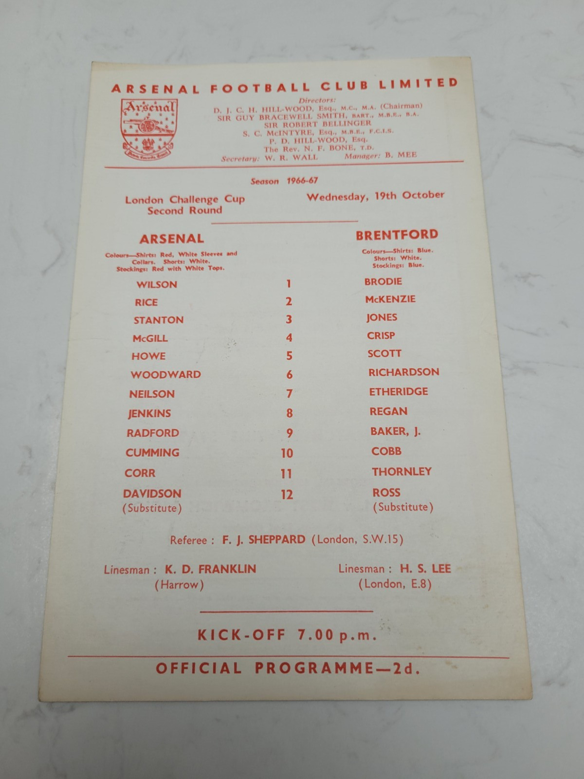 Arsenal Reserves V Brentford 19.10. 1966 - London Challenge Cup 2nd Rnd Single S for sale on Ebay