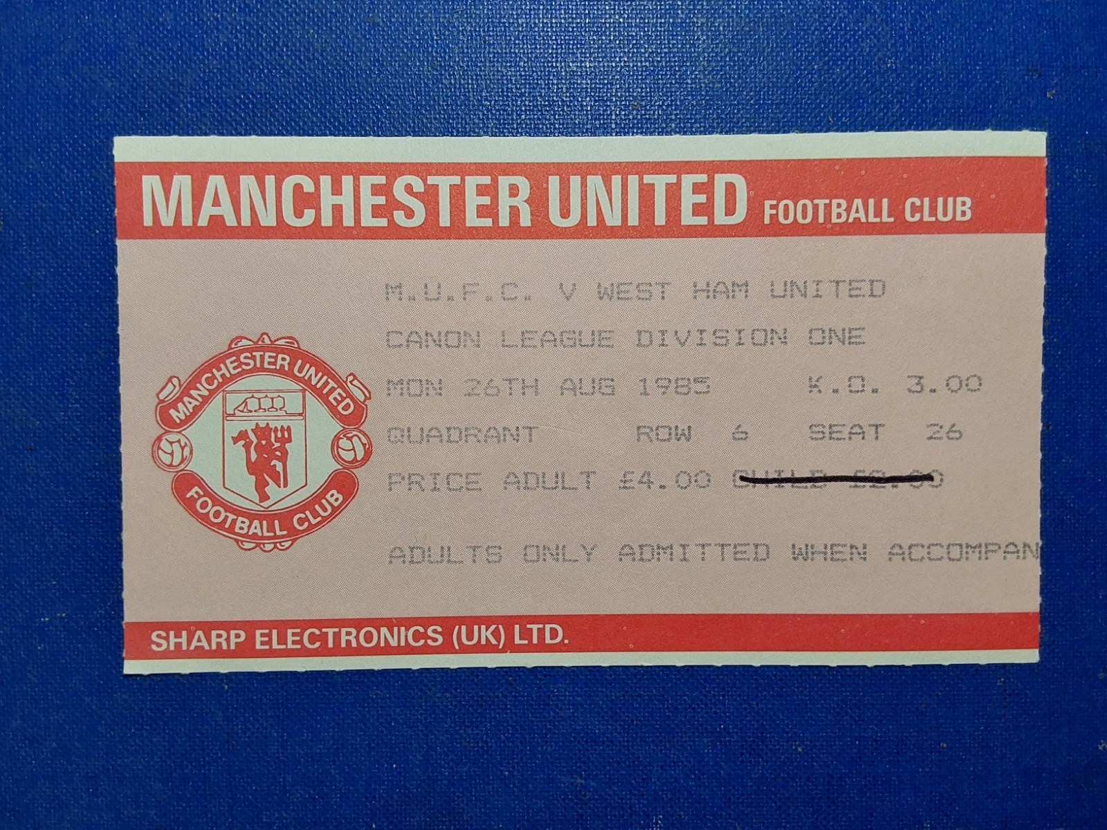 TICKET Manchester United v West Ham United 26th August 1985 Vgc for sale on Ebay