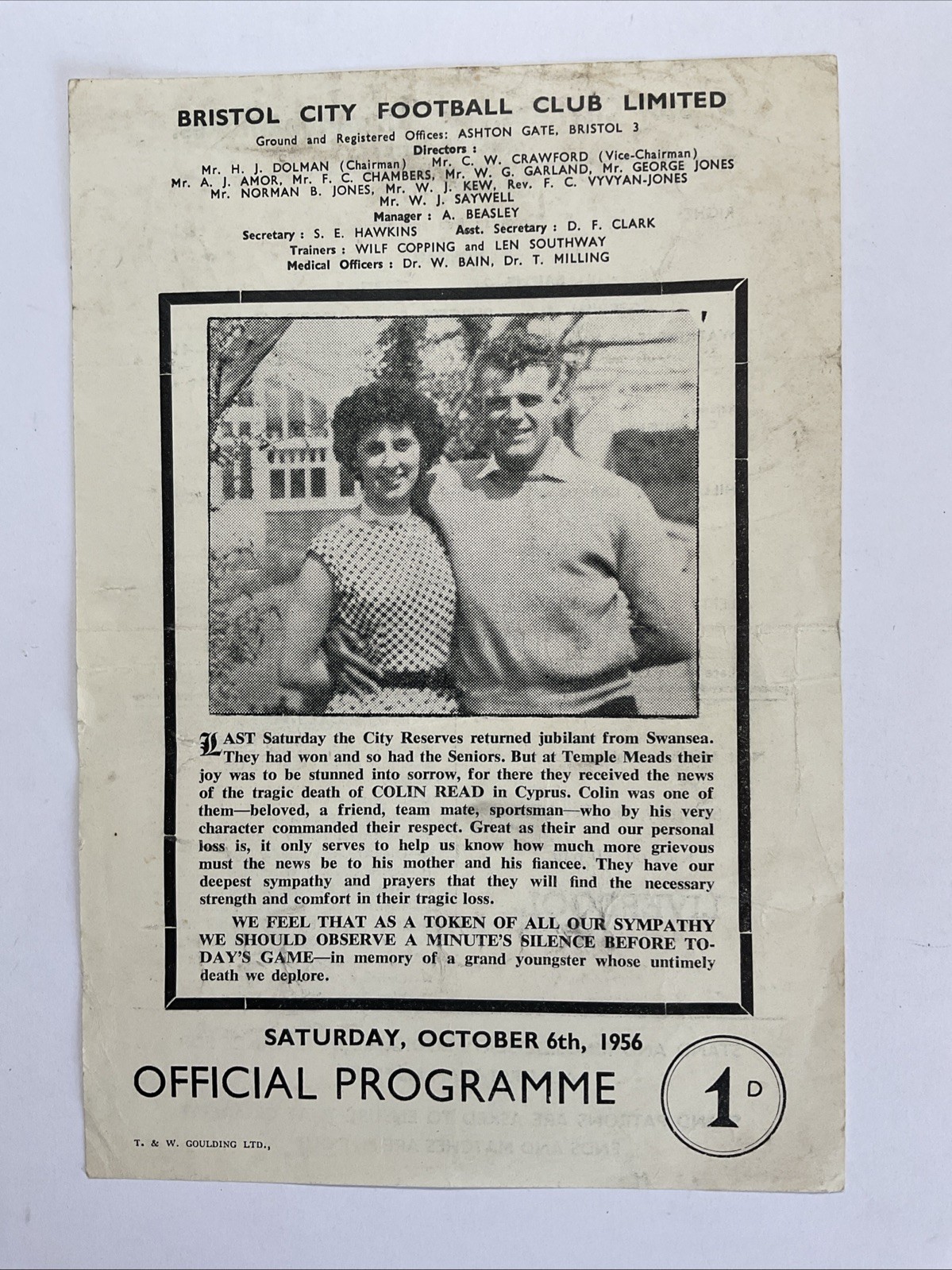 Bristol City v Birmingham City;  Reserve Match,  6th October 1956 for sale on Ebay