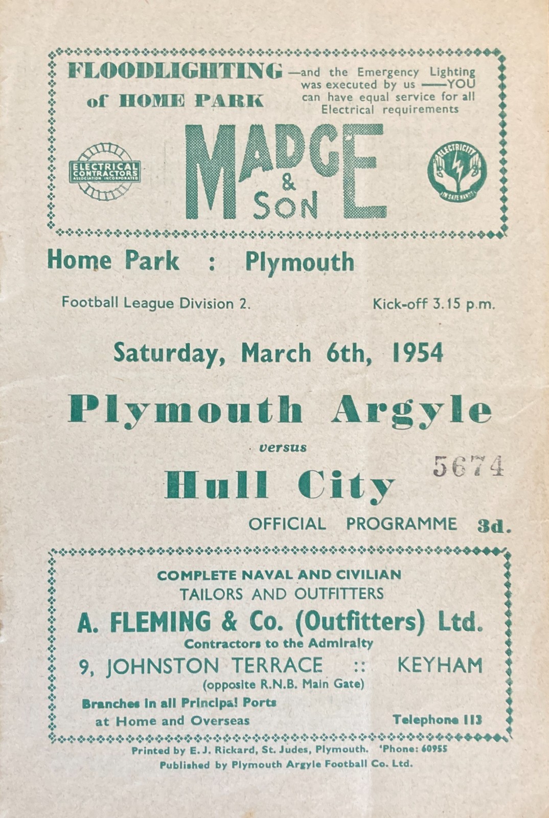 Plymouth Argyle v Hull City Div 2 1953/54 for sale on Ebay