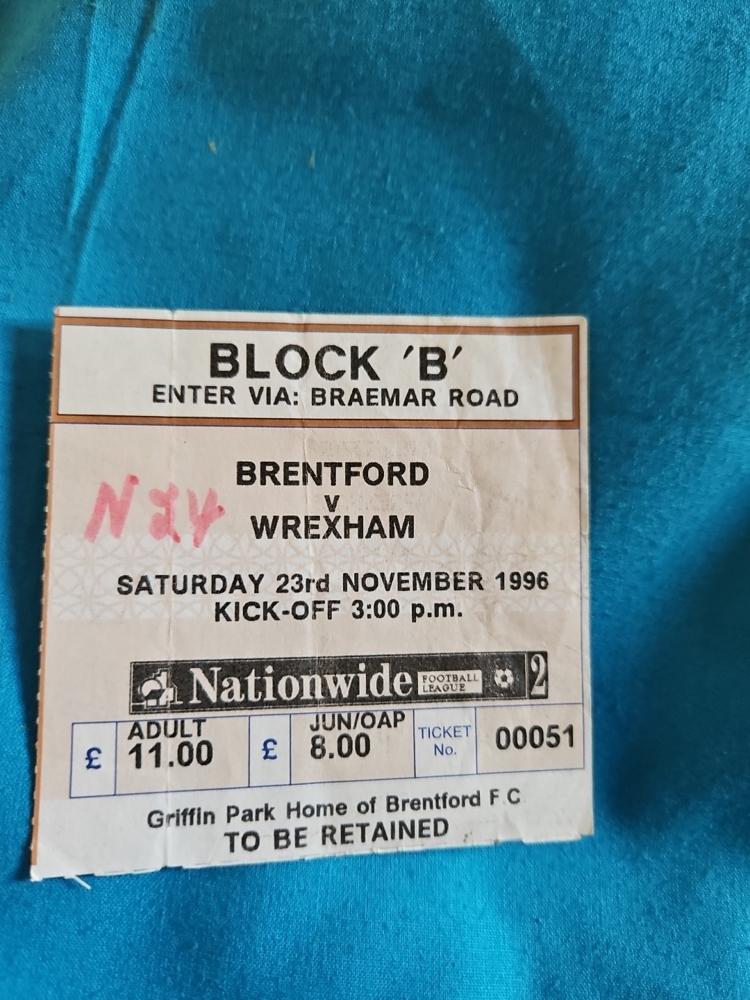 Brentford V Wrexham 23/11/1996 Ticket for sale on Ebay