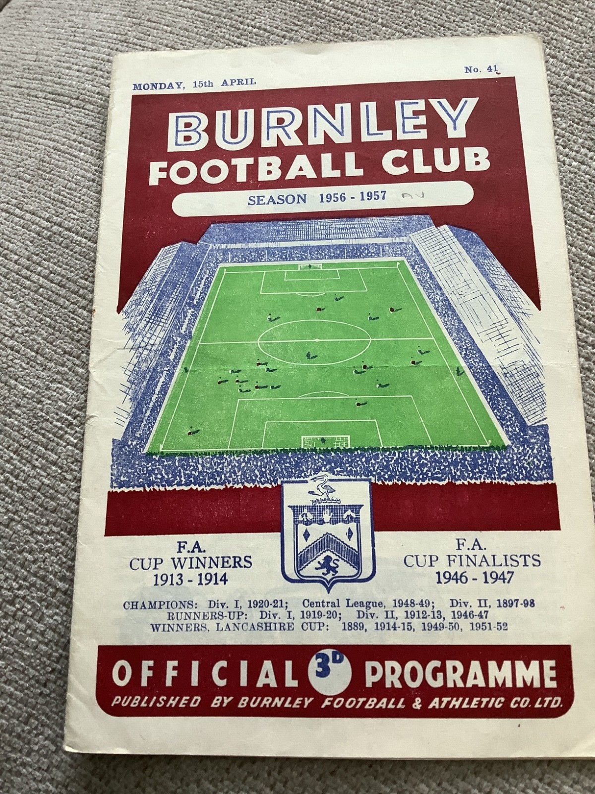 Monday 15 April 1957 Burnley v Aston Villa for sale on Ebay