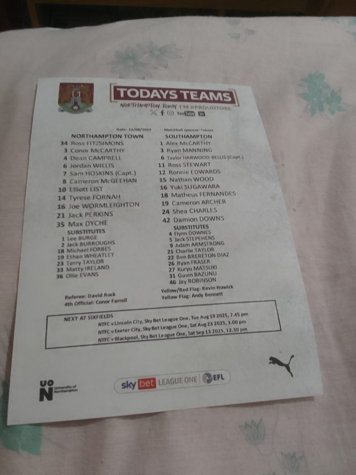 Northampton Town v Southampton League Cup Single Sheet (No Programme Issued) for sale on Ebay