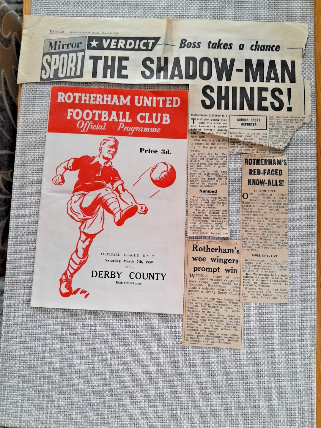 Rotherham United v Derby County Lge Div 2. 7th March 1959. Plus Press Cuttings for sale on Ebay