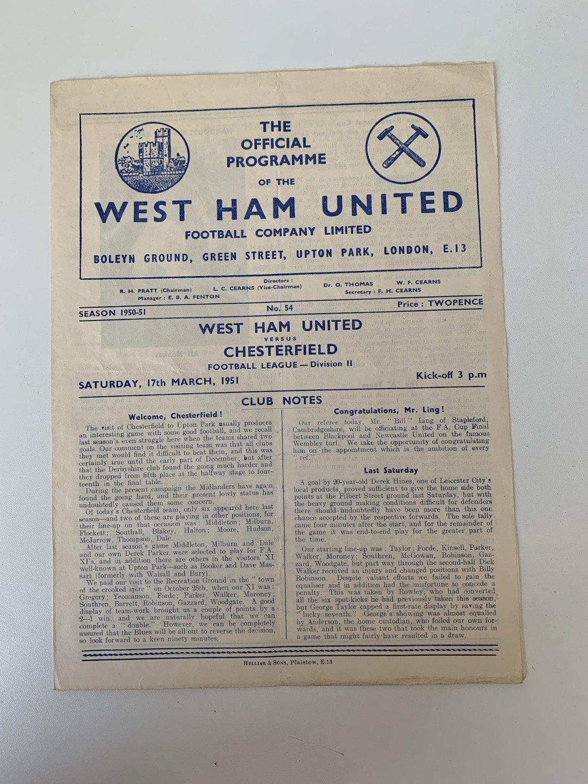 West Ham United v Chesterfield 1950-51 League Division Two 17th March 1951 for sale on Ebay