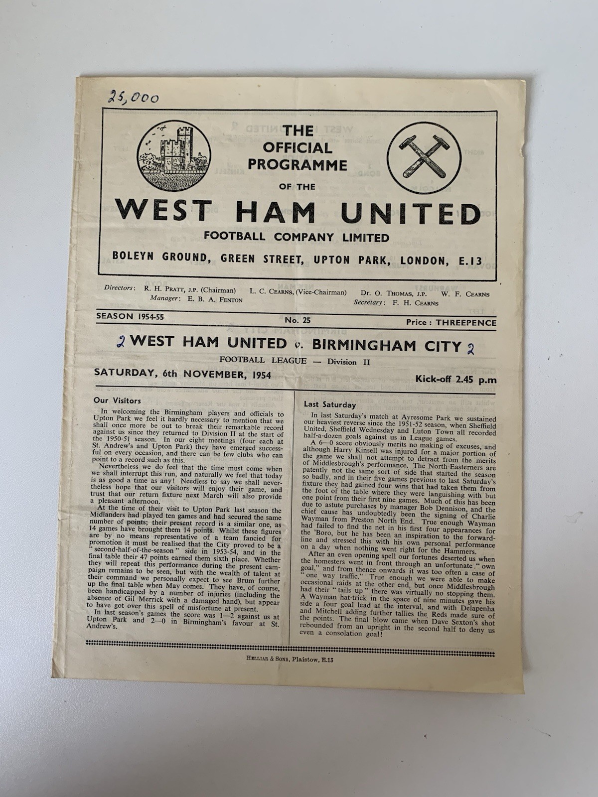 West Ham United v Birmingham City 1954-55 League Division Two 6th November 1954 for sale on Ebay