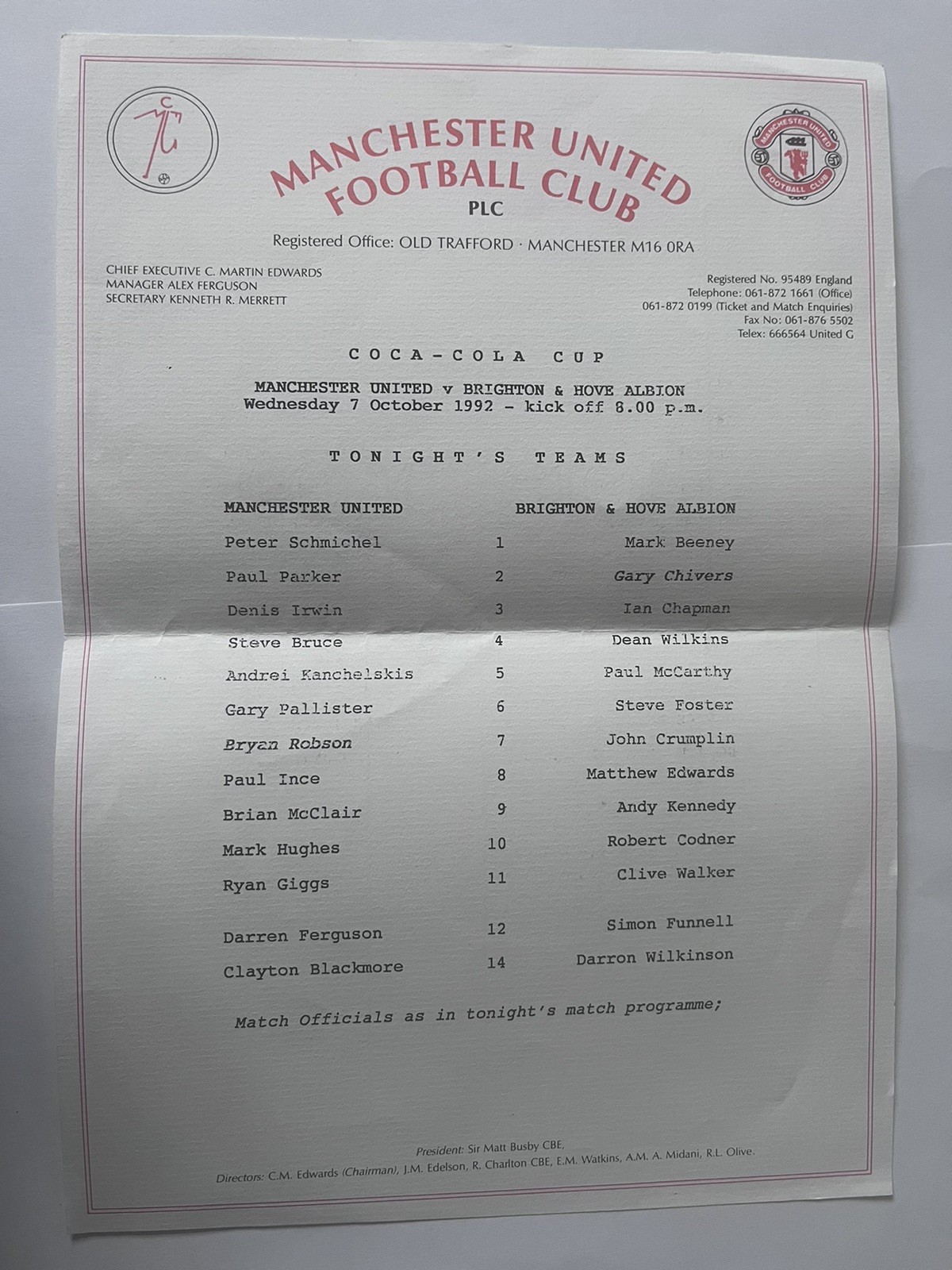 Manchester United v Brighton & Hove Albion 1992 Team Sheet Coca Cola Cup for sale on Ebay