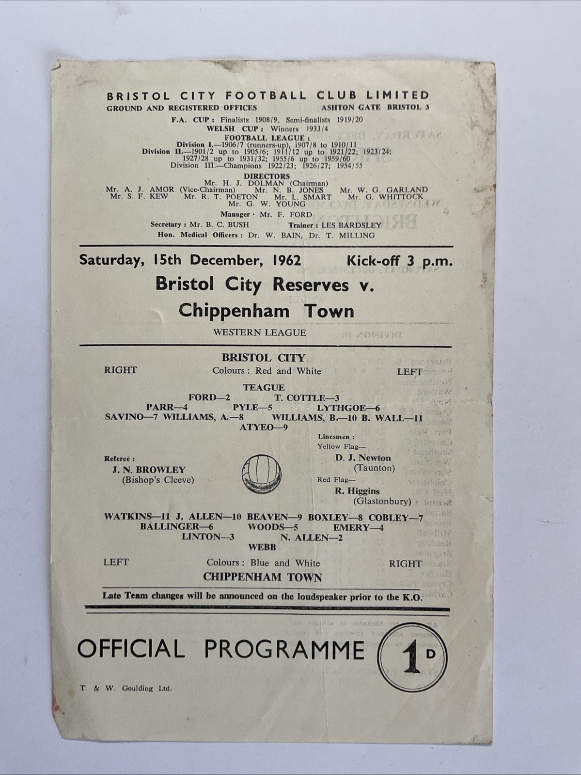 Bristol City Reserves v Chippenham Town;  Western League,  15th December 1962 for sale on Ebay