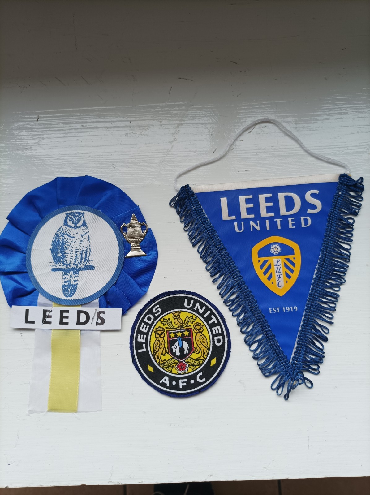 Set Of Leeds United Items, Rosette, Pennant, And  a Sew On Patch/Badge for sale on Ebay