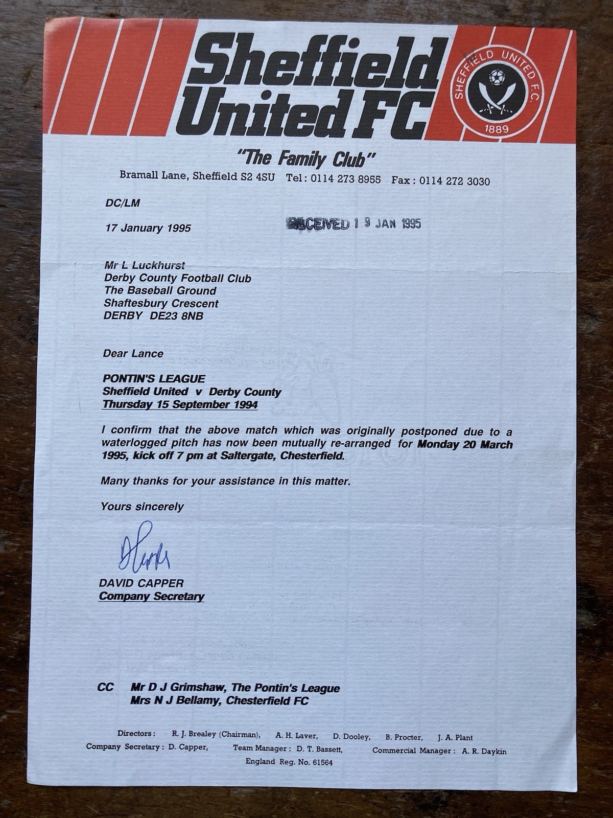 Jan 1995 Sheffield United Letter To Derby County - Pontins League Fixture Change for sale on Ebay