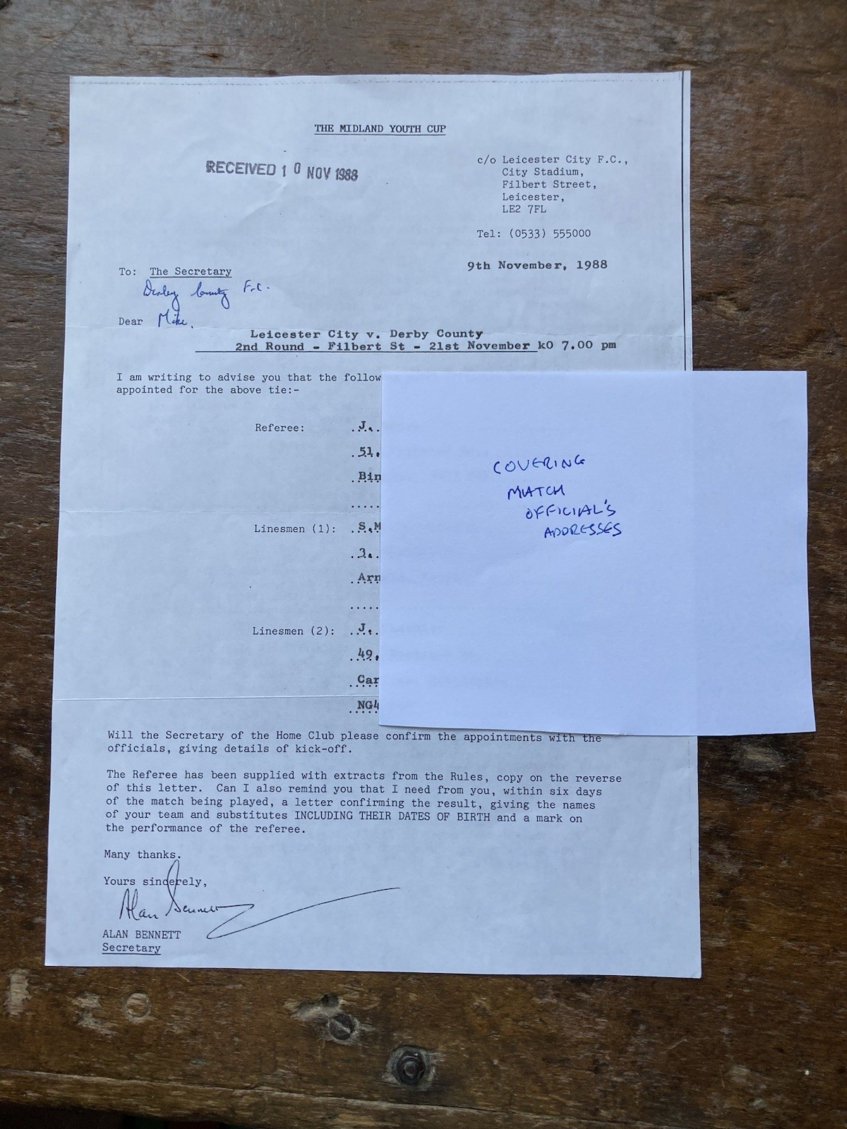 Nov 1988 Leicester City Letter To Derby County re Confirming Officials Details. for sale on Ebay