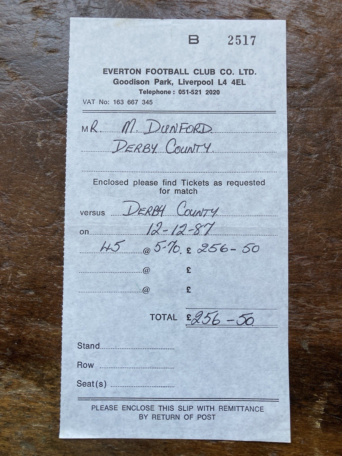Dec 1987 Everton Invoice To Derby County For Away End Tickets Goodison Park. for sale on Ebay