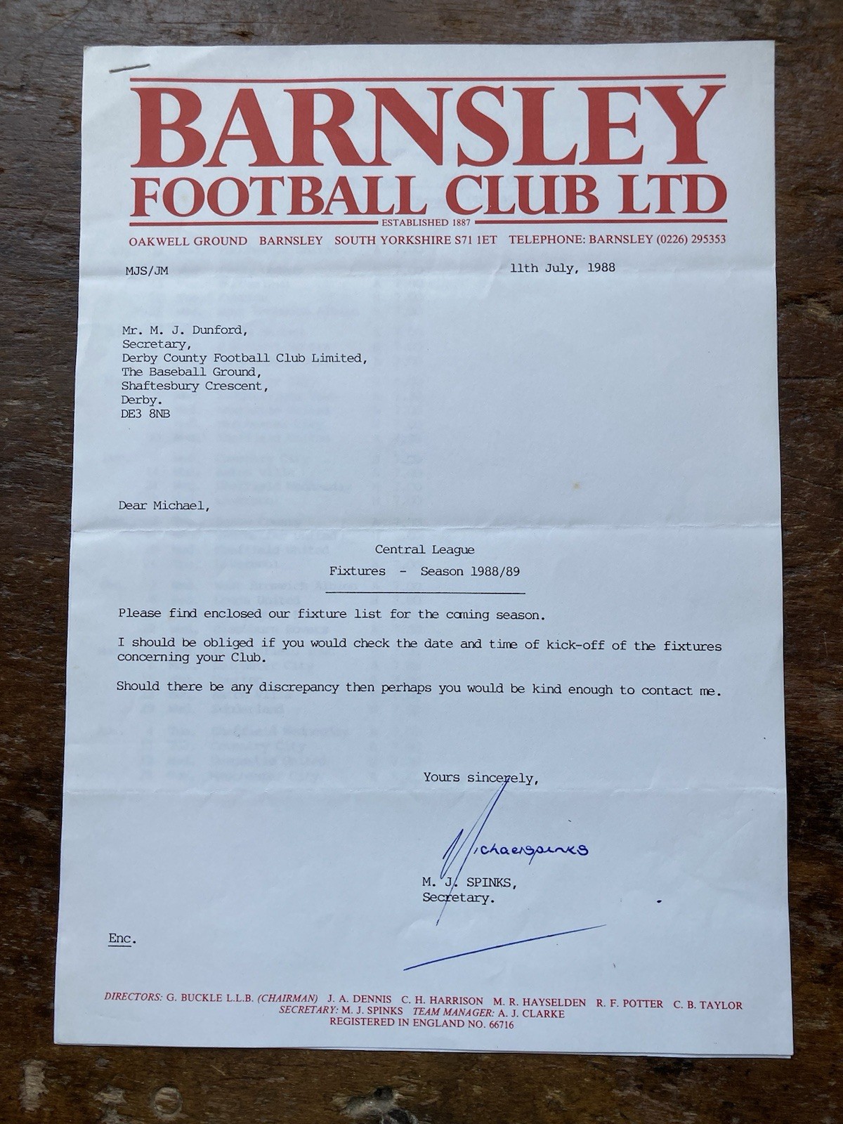 July 1988 Barnsley Letter To Derby County With List Confirming Fixture Dates. for sale on Ebay
