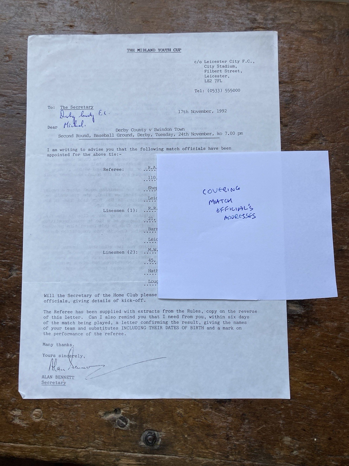 Nov 1992 Leicester City Swindon Town Letter To Derby County re Referee Details. for sale on Ebay