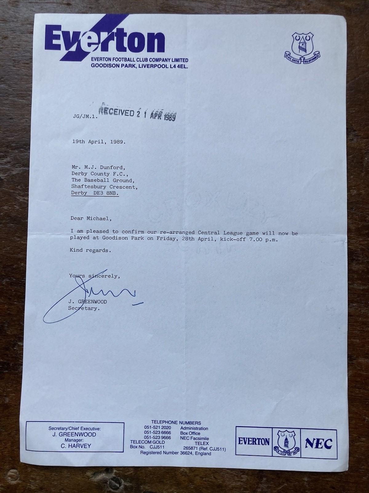 Apr 1989 Everton Letter To Derby County re Re-Arranged Central League Fixture. for sale on Ebay
